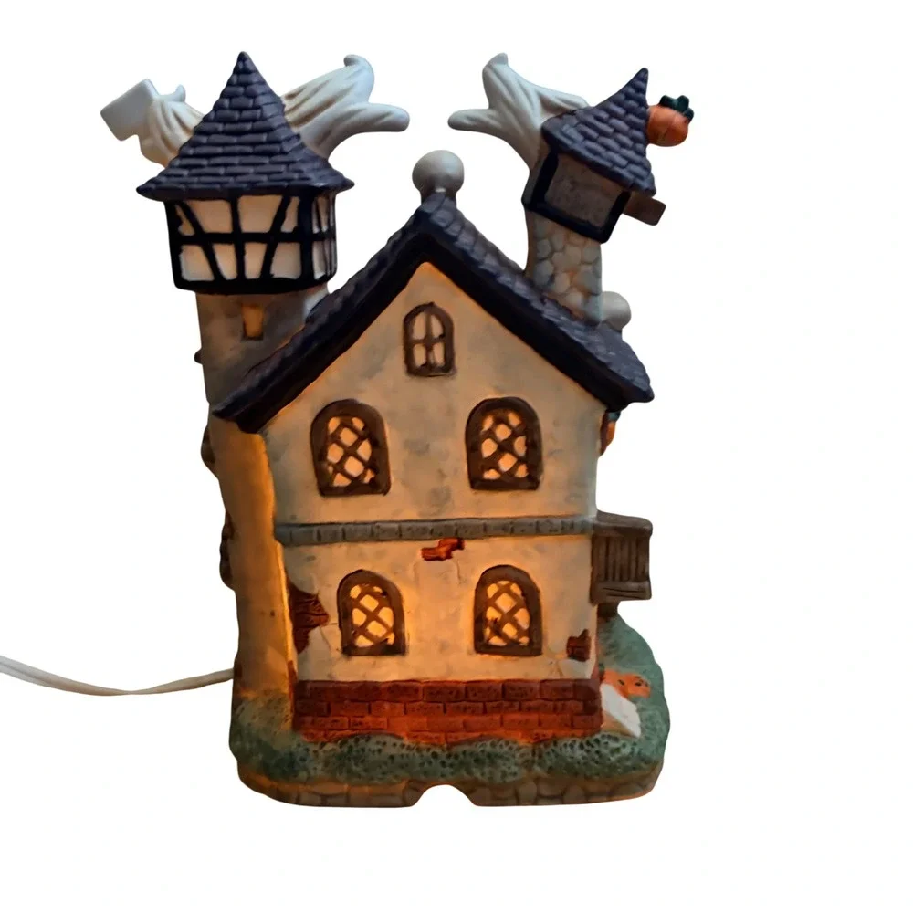 Vintage Haunted House 1990s Ceramic Ghost Pumpkin Halloween Light Up Village